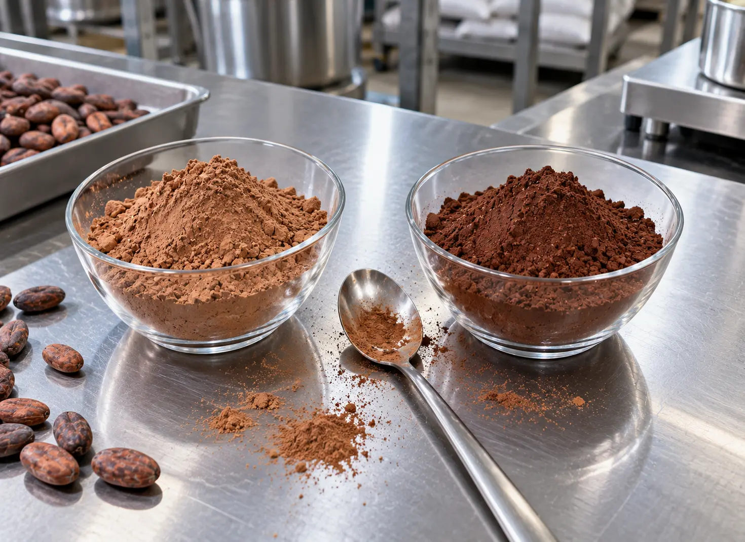 side by side industrial cocoa samples for grade comparison